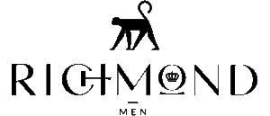 Logotipo de la marca de ropa Richmond:, compuesto por silueta negra de un mono andante sobre la palabra RICHMOND en fuente negra estilizada, con MEN debajo. La letra O presenta en el centro un gráfico en forma de corona.